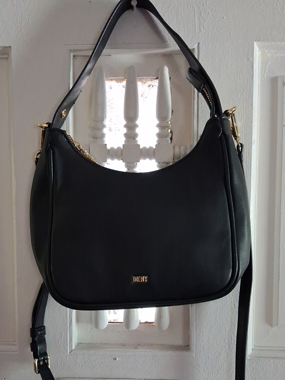 DKNY Black Leather Shoulder Bag with Gold Hardware